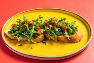 bruschetta with arugula placed on a bright yellow plate