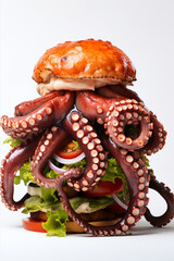 Appetizing octopus burger isolated on white background