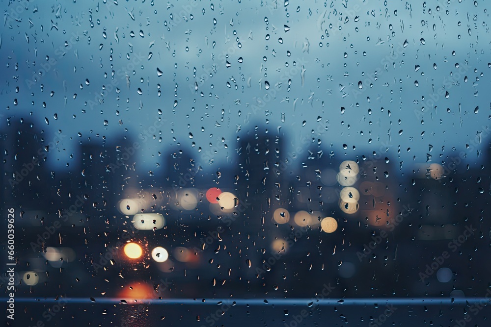 Poster rain drops on a window with a city in the background. generative ai