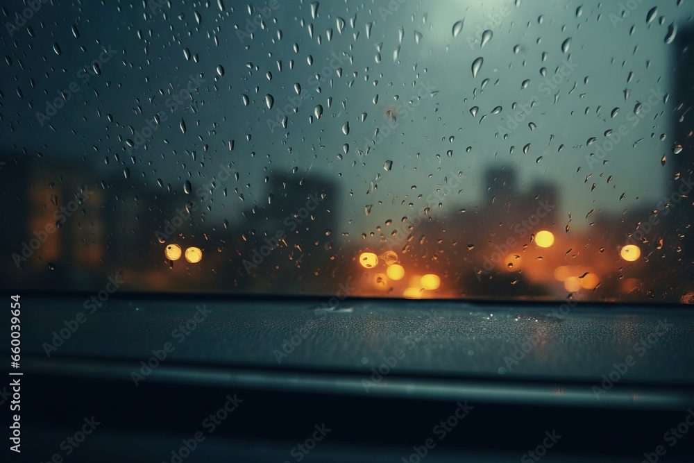 Poster rain drops on a window with a cityscape in the background. generative ai