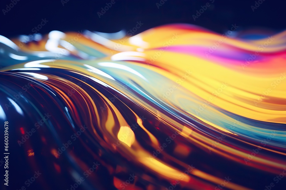 Poster a blurry image of a colorful wave of light on a black background. generative ai