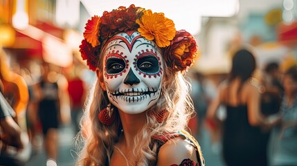 Dia de los muertos. Day of The Dead. Halloween. mexican girl with skull painted on her face on the day of the dead in mexico in the street - obrazy, fototapety, plakaty