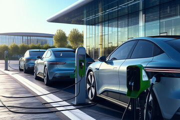 Charging an electric vehicle.  Electric vehicle charging station - obrazy, fototapety, plakaty