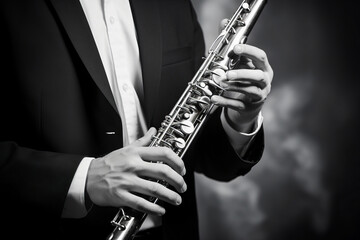 A musician's hand on a saxophone-type wind instrument