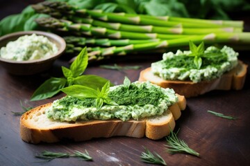 asparagus pieces and herbs spread on bruschetta