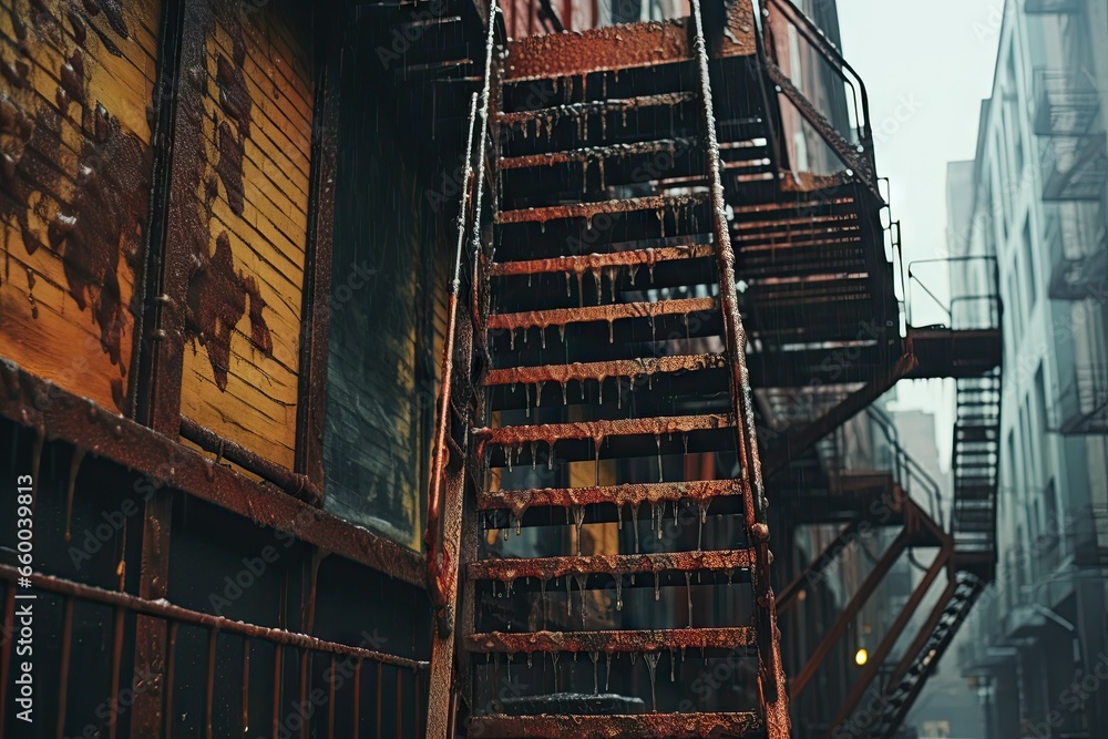 Poster a set of stairs leading up to a building in the rain. generative ai