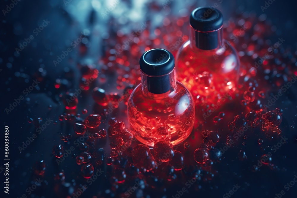 Poster two bottles with red liquid on a black surface with drops of water. generative ai