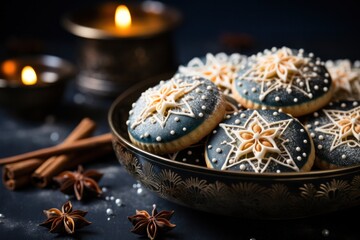a plate of beautifully decorated christmas cookies, generative ai