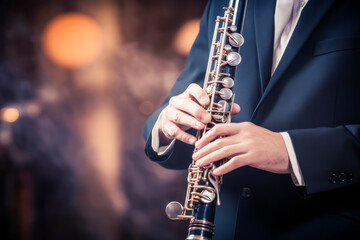 Fototapeta premium A musician's hand on a saxophone-type wind instrument