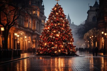 Fototapeta na wymiar festive decorations during christmas time in small european city or town, generative ai