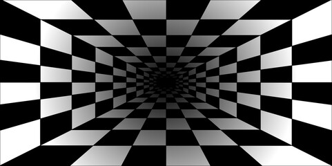 abstract background black and white checker interior room. flag finish race sport 3d illustration, tiled mosaic. surface at an angle in the form of a chessboard. - obrazy, fototapety, plakaty