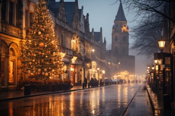 festive decorations during christmas time in small european city or town, generative ai