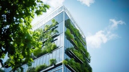 Eco-friendly building modern city sustainable glass building Ecology concept Office building with green environment