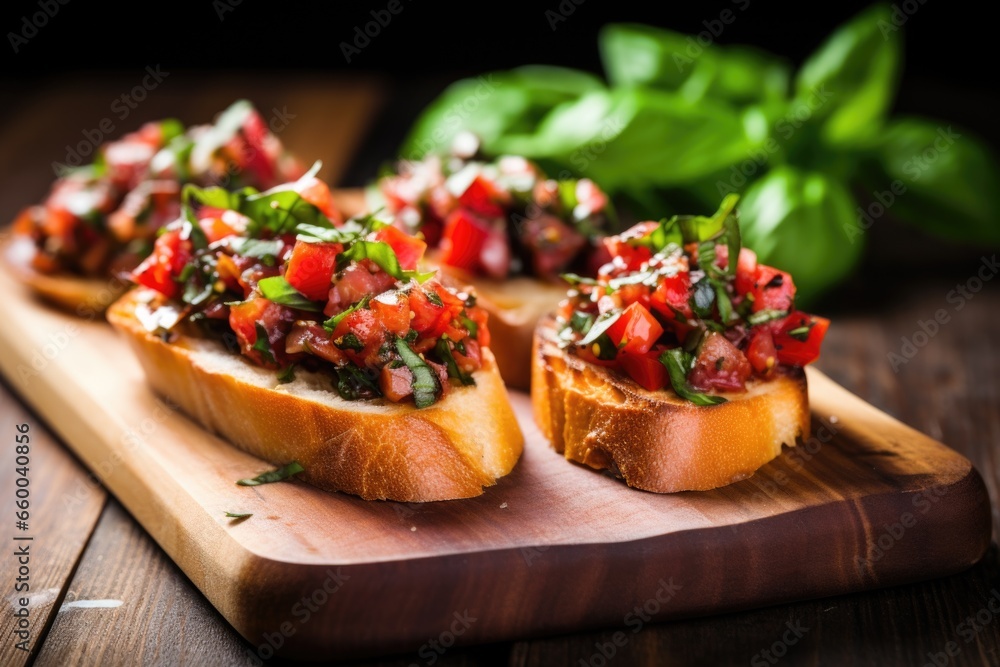 Poster bruschetta on a wooden board, sprinkled with chopped fresh basil