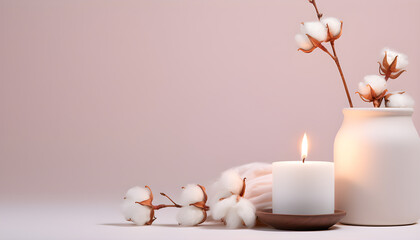 Vaso de flor e vela com fundo relaxante e moderno em tons de rosa. Com espaço para texto