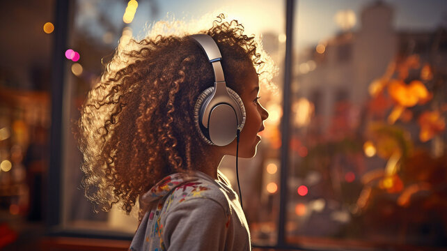 a back view of a young black woman dancing while wearing headphones at home,.