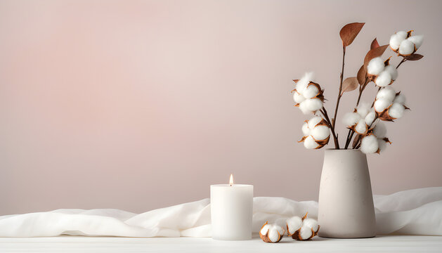 Vaso de flores e velas e uma mesa branca com um fundo moderno e tons de bege tornando a imagem charmosa e relaxante. Com espa&ccedil;o para texto