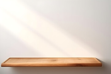 Empty minimal natural wooden table counter podium, beautiful wood grain in sunlight, shadow on white wall for luxury cosmetic, skincare, beauty treatment, decoration product display background
