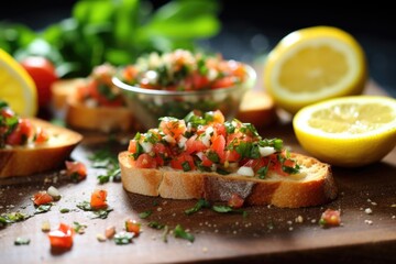 lemon zest sprinkled over several pieces of bruschetta