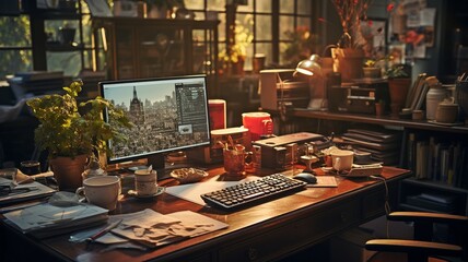 Close-up of a cluttered desk at a detective's workplace with a display of their personal profile on a computer.