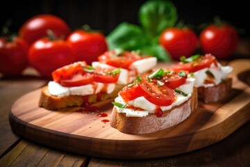 Fototapeta na wymiar sliced mozzarella on tomato bruschetta on a wooden plank