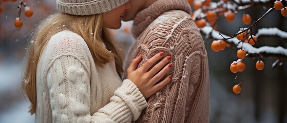 young couple in closeup holding hands while sporting adorable knit mittens in the winter.