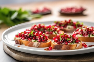 bruschetta with pomegranate seeds glistening in daylight on a square plate