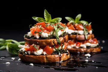 a stack of bruschetta with ricotta and basil leaves on a black stone slab