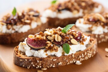 close-up of multi-grain bruschetta with ricotta and fig slices