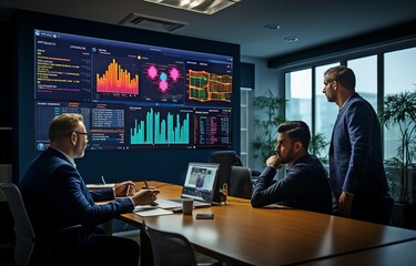 A diverse group of businesspeople is gathered for a meeting in a high-tech IT office, looking at a data-filled digital board..