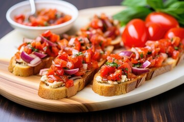 roasted pepper bruschetta on rectangular plate with chopped onions nearby