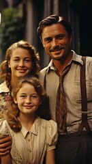 Fototapeta premium a family sitting on the stairs of a front porch, including a mother, father, and daughter.