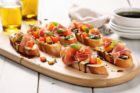 a platter of serrano ham bruschetta on white wooden table