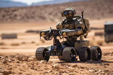 On a remote desert training ground, a specialized bomb disposal robot approaches a simulated explosive device, its mechanical arm extended and ready for action. 