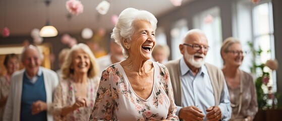 Full-length shot of senior citizens participating in activities and dancing in a retirement home's interior.