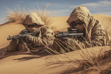 Fotobehang Against a backdrop of towering sand dunes, a group of camouflaged snipers lies in wait, their sharpshooting skills honed for precision in the harsh desert environment.  © Maksym