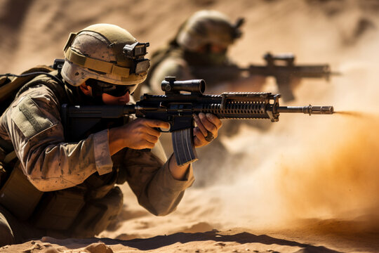 In the searing heat of the desert, a group of soldiers conducts live-fire exercises with assault rifles, their bullets kicking up plumes of sand in the backdrop. 