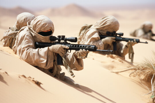 Against a backdrop of towering sand dunes, a group of camouflaged snipers lies in wait, their sharpshooting skills honed for precision in the harsh desert environment. 