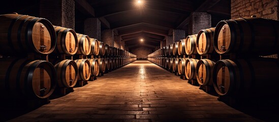 Wooden barrels of wine cognac brandy and craft beer in winery cellar With copyspace for text