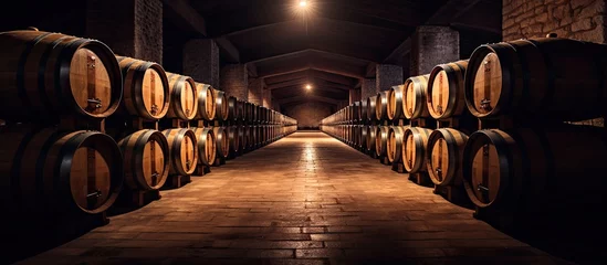 Fotobehang Wooden barrels of wine cognac brandy and craft beer in winery cellar With copyspace for text © 2rogan