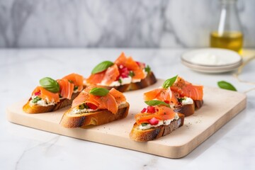 bruschetta with smoked salmon resting on a marble countertop
