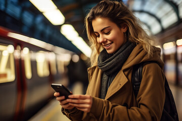 Urban Connection Smiling Attractive Woman Engrossed with Smartphone at a Dynamic Train Station. created with Generative AI