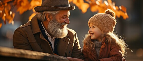 On a park seat in the autumn, a grandfather spends time with his granddaughter..