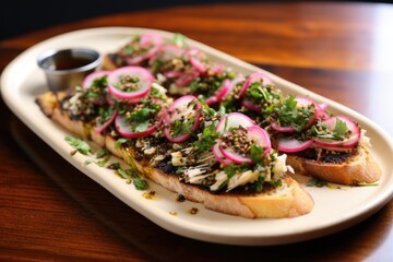 bruschetta with zaatar, pickled onions, and salad greens on platter