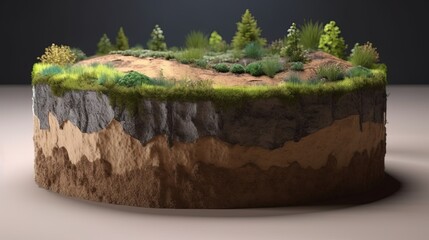 Fototapeta premium Earth land&nbsp;Soil layers 3D Illustration round soil ground cross&nbsp;section float landscape&nbsp;fantasy floating island.