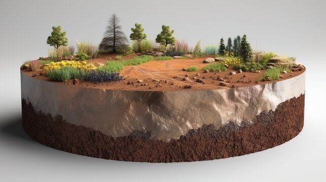 Earth land&nbsp;Soil layers 3D Illustration round soil ground cross&nbsp;section float landscape&nbsp;fantasy floating island.