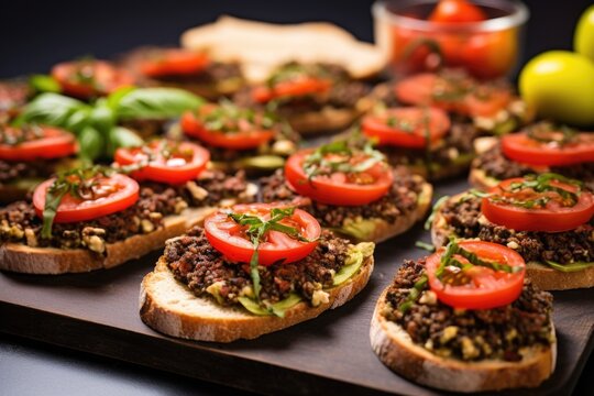 close-up image of bruschetta with tapenade arranged in a circle