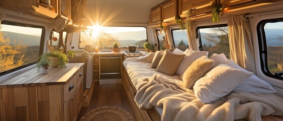 Fototapeta na wymiar With a bed and soft throw cushions, a caravan van's interior is simple..