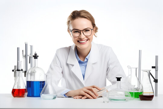young female scientist white background