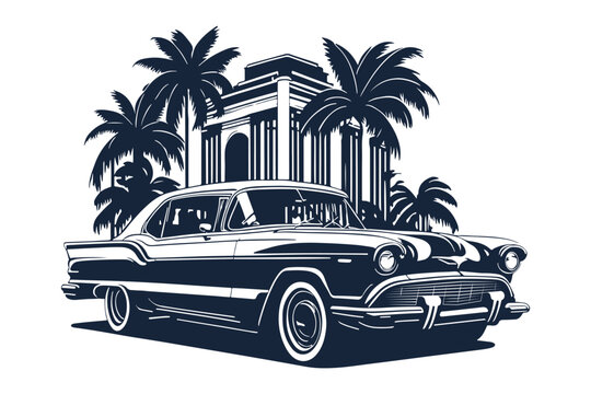 Classic american car style. Vintage vehicle vector illustration. Modern print design of retro machine.